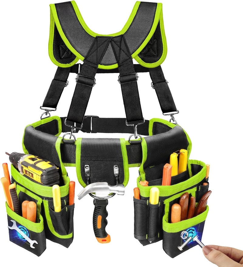 TEKCHIC Tool Belt, Professional Tool Belts for Men, Magnetic Tool Pouch With Suspenders, Heavy Duty Detachable Adjustable Utility Belt Work Bags for Electrician, Carpenter (Black and Green, 32"-66") - Image 1
